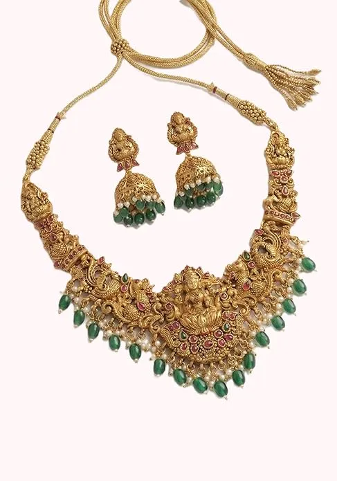 South Indian Temple Jewellery Set | Antique Gold Plated Lakshmi Long Necklace with Green Bead Drops & Jhumka Earrings | Traditional Kemp Stone Bridal Jewellery for Women