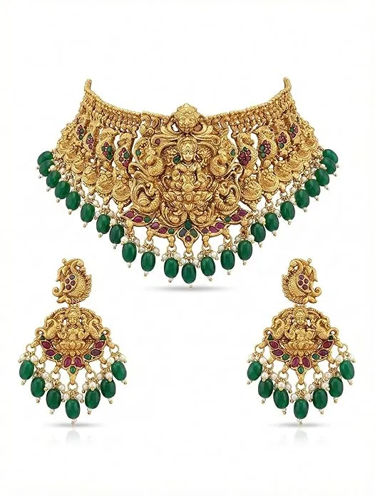 Antique Gold Plated Temple Jewellery Traditional South Indian Goddess Lakshmi Choker Necklace Set with Matching Earrings for Women | Kemp Stones, Pearl & Green Bead Drops