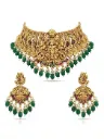 Antique Gold Plated Temple Jewellery Traditional South Indian Goddess Lakshmi Choker Necklace Set with Matching Earrings for Women | Kemp Stones, Pearl & Green Bead Drops