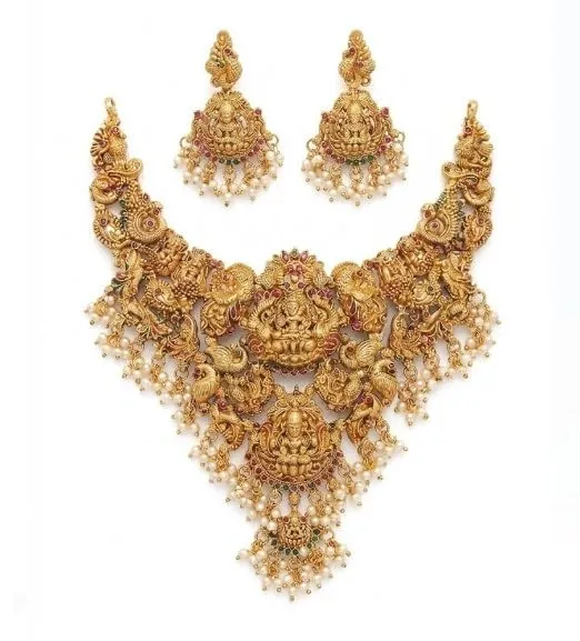 Traditional Matte Gold Plated Goddess Lakshmi Temple Jewellery Set for Women | Heavy Bridal Nakshi Choker Necklace with Matching Jhumka Earrings | Ruby & Emerald Kemp Stone Studded with Pearl Clusters | Ethnic Wedding Jewelry Set