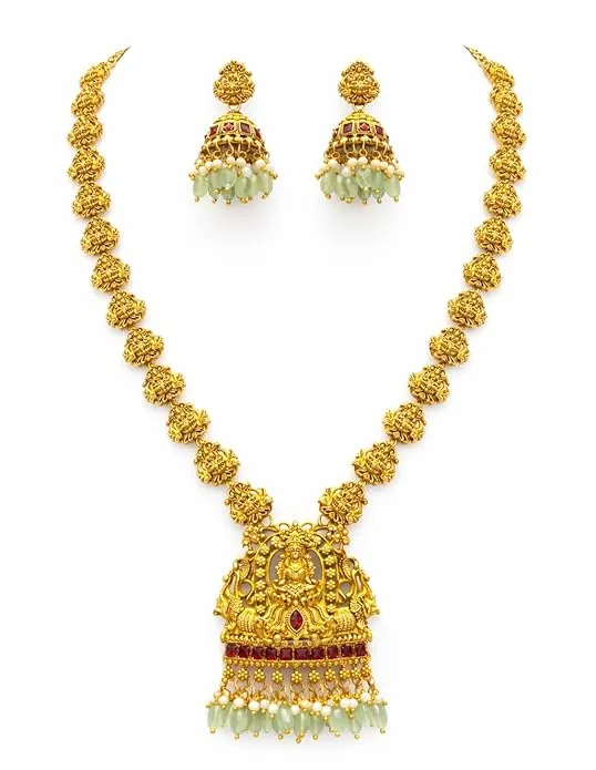 Traditional Gold Plated South Indian Temple Jewellery Set for Women | Matte Finish Long Haram Necklace with Divine Lakshmi Pendant, Ruby Stones & Pearl Drops | Matching Jhumka Earrings | Ideal for Bridal, Wedding & Festive
