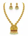 Traditional Gold Plated South Indian Temple Jewellery Set for Women | Matte Finish Long Haram Necklace with Divine Lakshmi Pendant, Ruby Stones & Pearl Drops | Matching Jhumka Earrings | Ideal for Bridal, Wedding & Festive