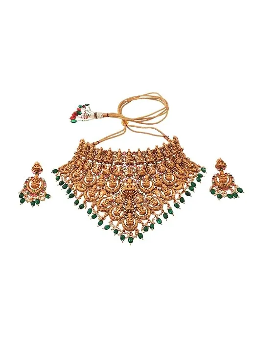 JEWELLERY Choker Set: Exquisite Temple Design with Dangling Green Beads For Women