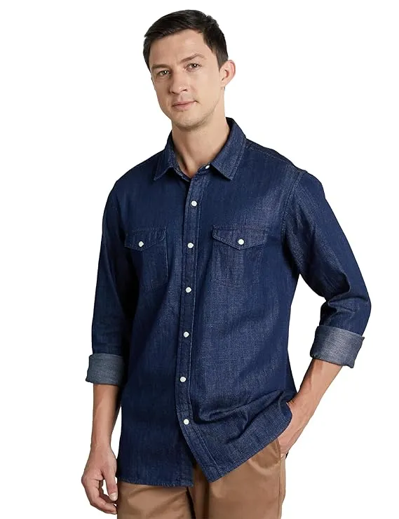 Men Classic Slim Fit Pure Cotton Casual Shirt (Dark Rinse, S)