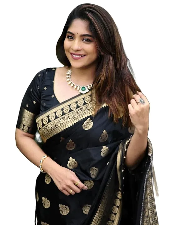 Women's Soft Banarasi Silk Jacquard Saree with Unstitched Blouse Piece (Black)