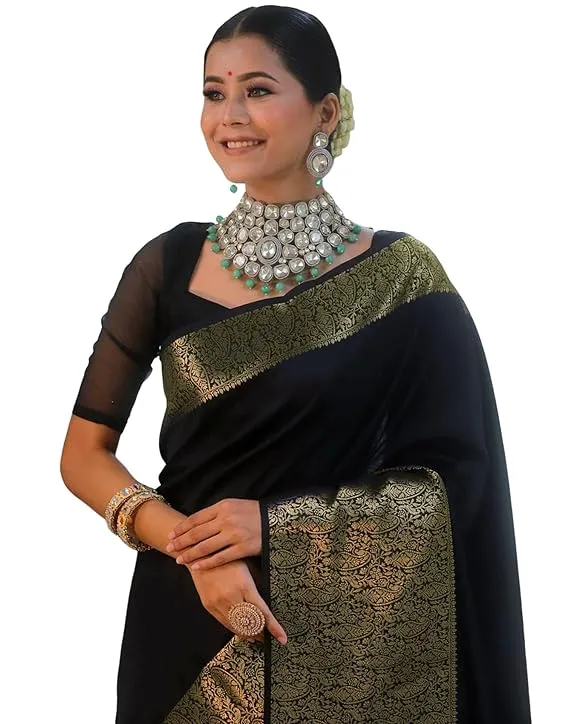 Women's Soft Banarasi Silk Jacquard Saree with Unstitched Blouse Piece