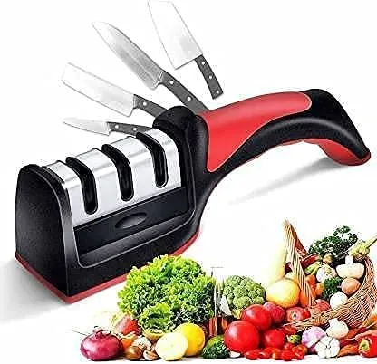 Manual Knife Sharpener 3 Stage Sharpening Tool for Ceramic Knife and Steel Knives Black & Red