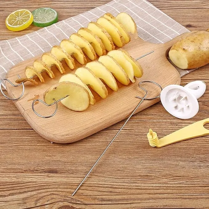 Stainless Steel Tornado Potato Spiral Cutter Slicer Chips 4 Spits Tower Making Twist Shredder