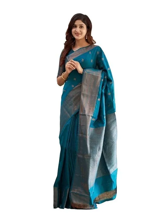 Women's Banarasi Kanjivaram Cotton Silk Jaquard Saree Printed Saree With Unstitched Blouse Material - Suitable For All Indian Occasions and Festivals (Blue)