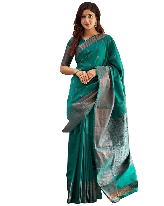 Women's Banarasi Kanjivaram Cotton Silk Jaquard Saree Printed Saree With Unstitched Blouse Material - Suitable For All Indian Occasions and Festivals