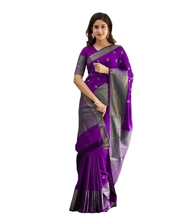 Women's Banarasi Kanjivaram Cotton Silk Jaquard Saree Printed Saree With Unstitched Blouse Material - Suitable For All Indian Occasions and Festivals