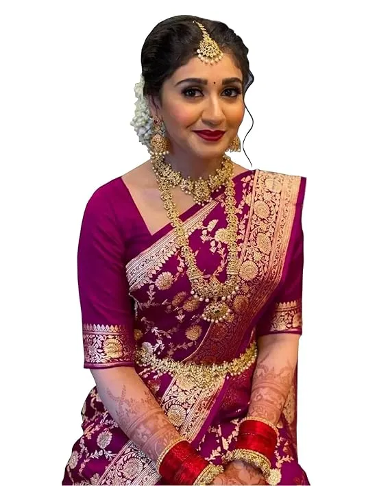 Women's Banarasi Saree Pure Kanjivaram Silk Saree Soft new ladies 2023 Design Wear Pattu Sarees Latest Cotton Party Sari collections With Blouse Piece for Wedding sadi (PARI 164 WINE) (Wine)