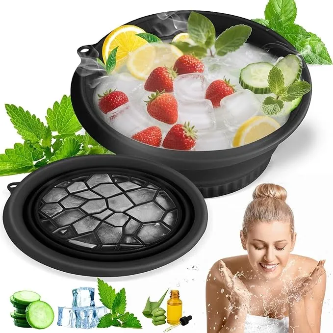 (1 pic Hook) with Silicone Face Bowl for Ice with Built-in Icetray, Collapsible Face Tub for Ice Bath, Facial Ice Plunge Bowl, Ice Water Facials at Home Black