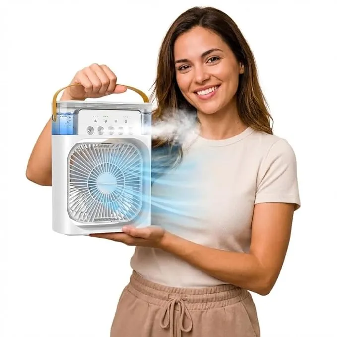 Mini Evaporative Air Cooler with LED Light, USB Type-C Powered Personal Fan, 3-Speed Wind, 3 Mist Modes, Timer Function, Portable Desk (No Warranty)