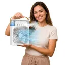 Mini Evaporative Air Cooler with LED Light, USB Type-C Powered Personal Fan, 3-Speed Wind, 3 Mist Modes, Timer Function, Portable Desk (No Warranty)