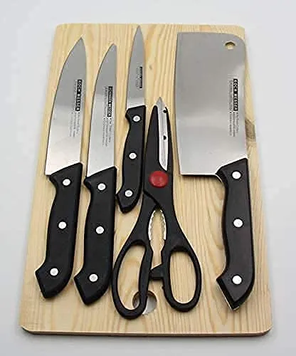 Wooden Chopping Board with Knife Set and Scissor, 6 Piece Stainless Steel Kitchen Knife Knives Set with Knife Scissor, Knife Sets* (Wood)