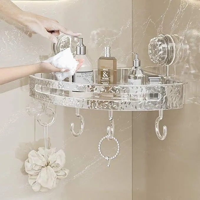 Triangle Storage Rack, Transparent Acrylic, No-Drill Punch-Free Wall Mount Organiser with Suction Cups and Hooks, Luxury Style, for Bathroom