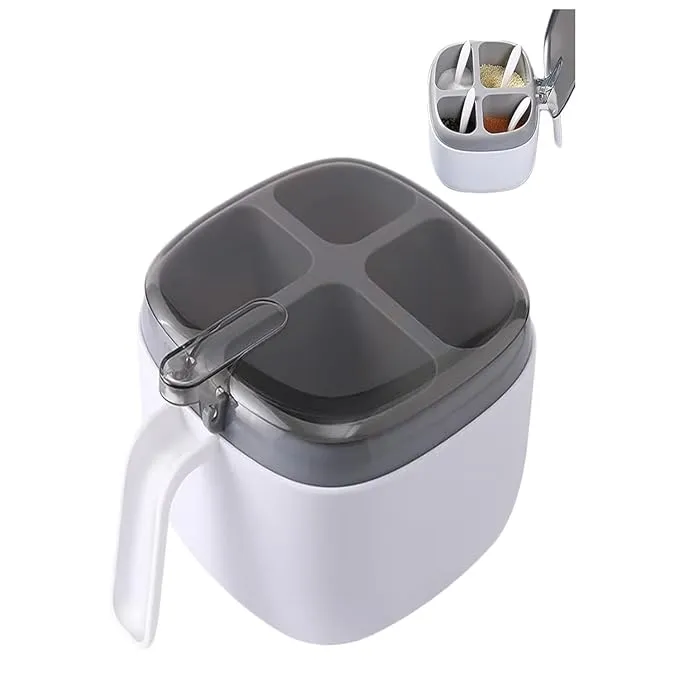 Seasoning Box with Lid and Spoon, 4 Compartment Spice Pots with Handle for Household Kitchen Box Organizer for Salt, Spices, Condiments Seasoning for Home Kitchen