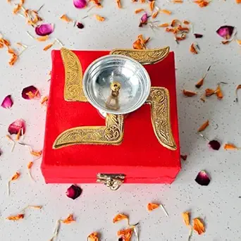 Metal Diya with Red Velvet Gift Box, Gold and Silver, Decorative Puja Lamp, Traditional Indian Style Diya for Pooja Diwali Gift, Diwali Decoration Item...