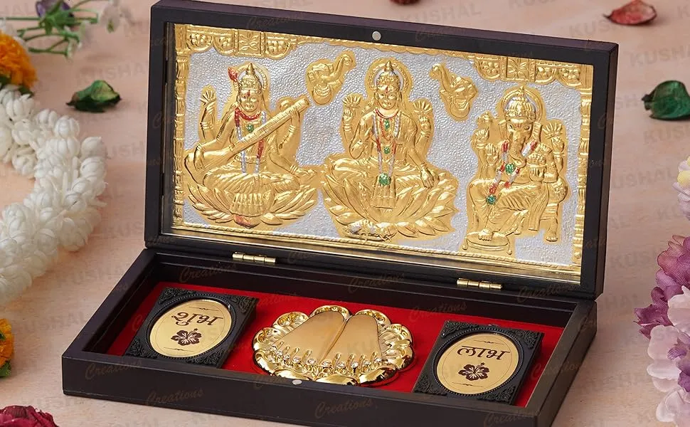 Laxmi Ganesh Saraswati Photo Frame with Charan Paduka Religious Frame laxmi Ganesh saraswati Religious Frame