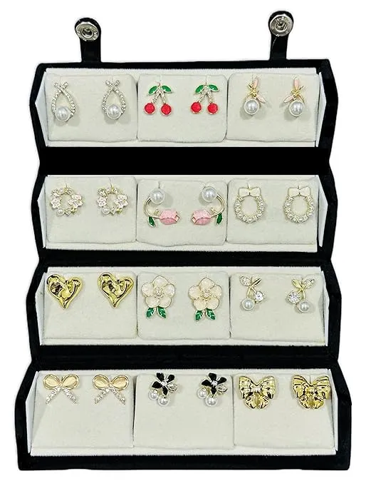 Gold Plated Korean Stud Earrings Set of 12 with Folding Jewelry Box | Western & Modern Earring Gift Box for Women & Girls.