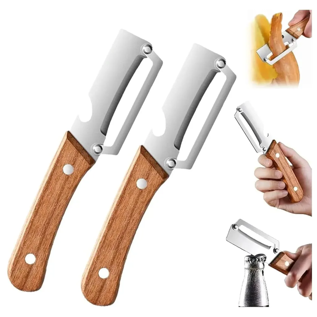 2Pcs 2-in-1 Stainless Steel Peeler, Comfortable Wooden Handle, Multifunctional Peeling and shredding Tool for Fruits and Vegetables Home Kitchen Daily use
