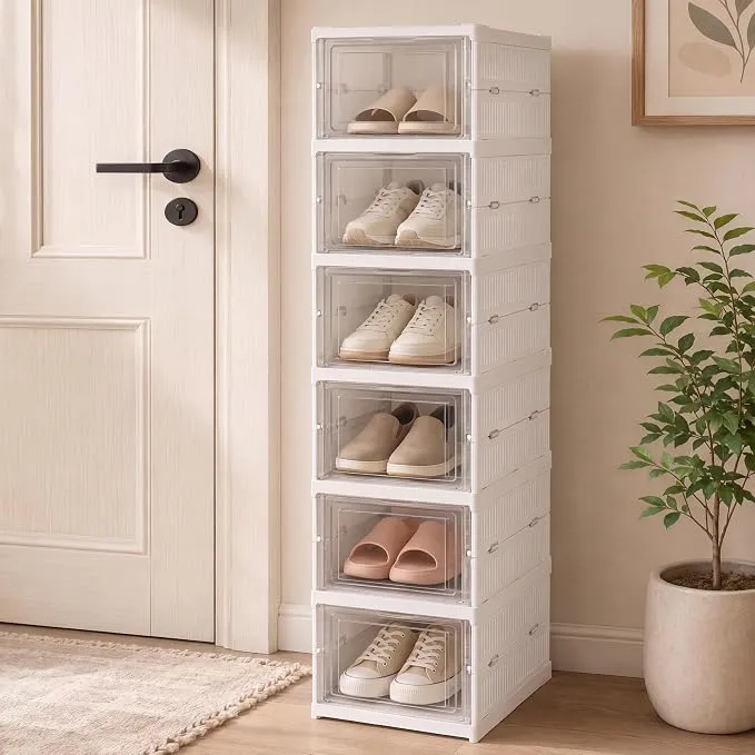 Tier Shoe Rack with Door – Plastic Shoes Rack with Cover for Home, Foldable & Stackable Sneaker Box Shoe Cabinet with Doors, Slipper Stand, Shoe Stand for Home with Cover